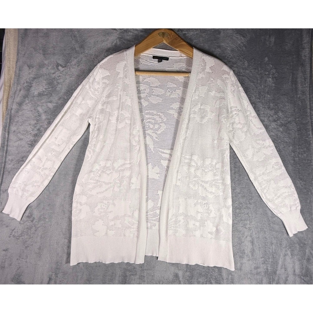 Adrienne Vittadini White Floral Pointelle Open Front Cardigan Petite Lightweight